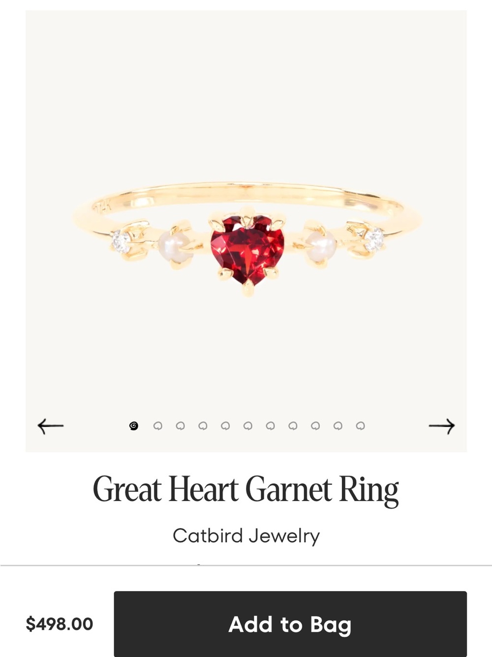 Catbird Gold Ring with Heart-Shaped Red Garnet